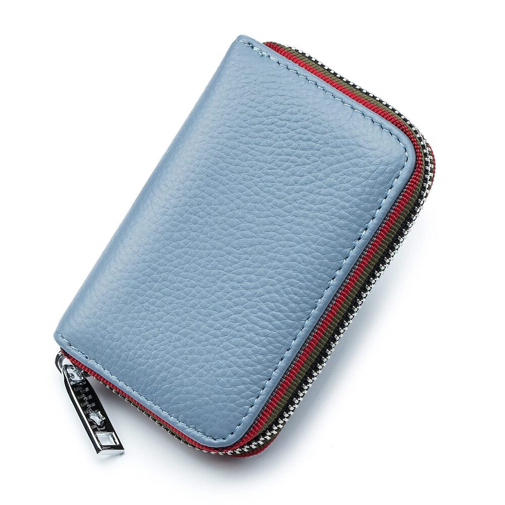 4215 RFID Credit Card Holder Small Zipper Leather Card Wallet Light Blue